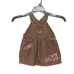 OshKosh B'gosh VeskBak Brown Corduroy Dress Baby 9M Floral Embroidered Overall